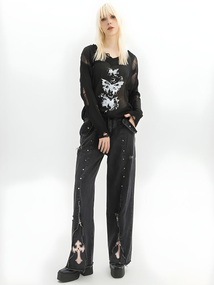 Y2K Grunge Cross Zip-Up Jeans