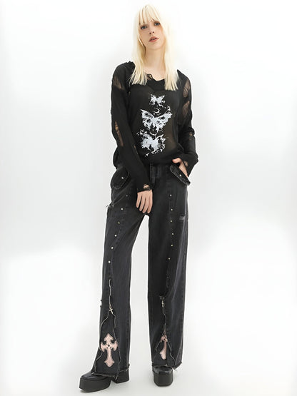 Y2K Grunge Cross Zip-Up Jeans