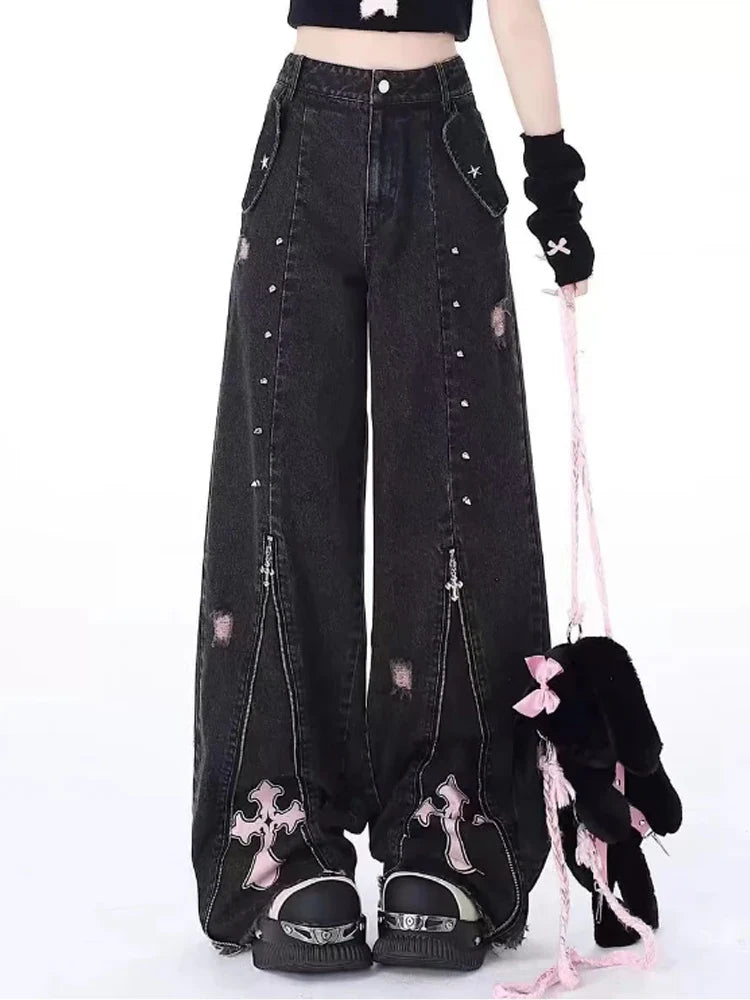 Y2K Grunge Cross Zip-Up Jeans