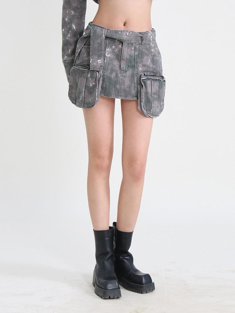 Y2K Grunge Distressed Cargo Mini Skirt