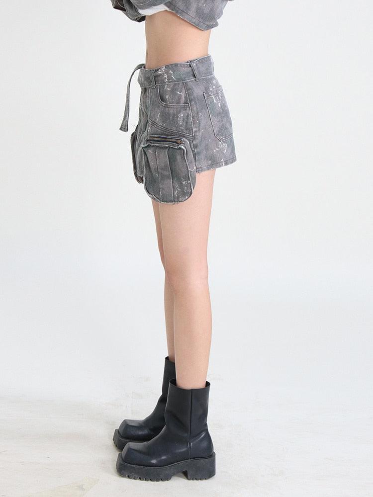 Y2K Grunge Distressed Cargo Mini Skirt