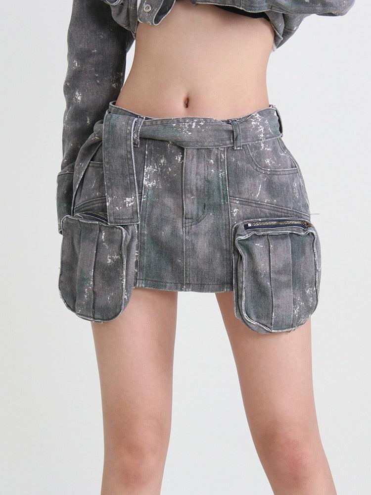 Y2K Grunge Distressed Cargo Mini Skirt
