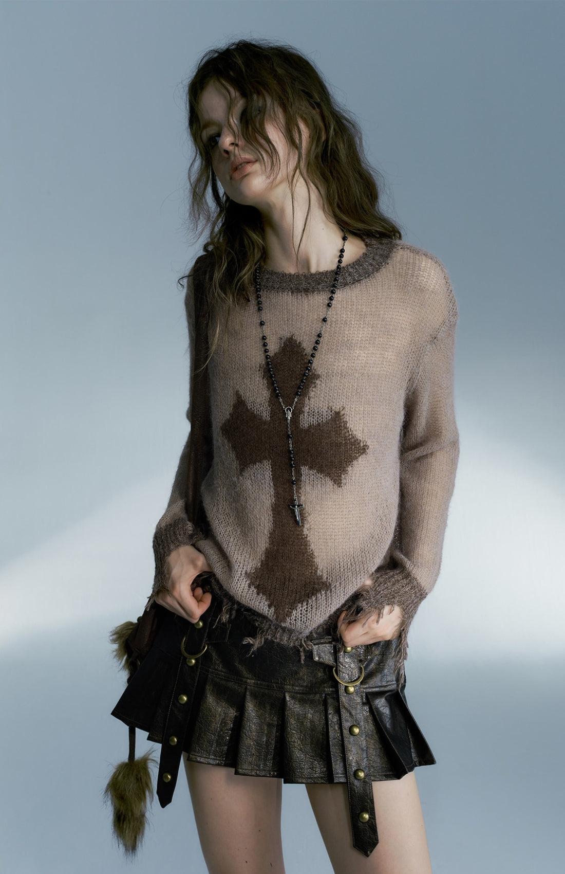 Y2K Grunge Distressed Cross Sweater