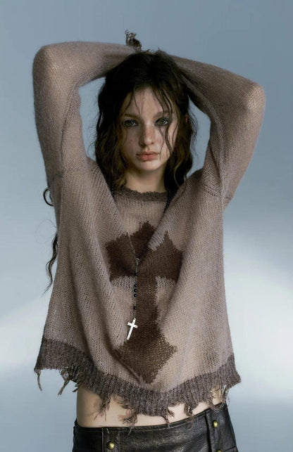 Y2K Grunge Distressed Cross Sweater