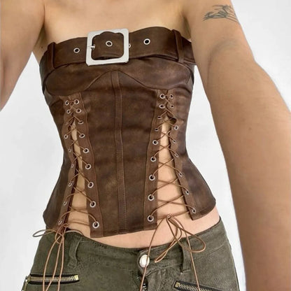 Y2K Grunge Faux Leather Corset Top