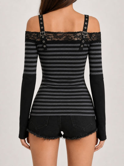 Y2K Grunge Lace Trim Striped Top