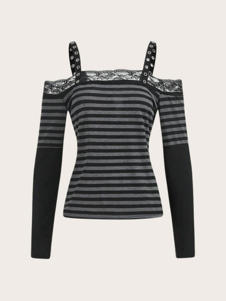 Y2K Grunge Lace Trim Striped Top