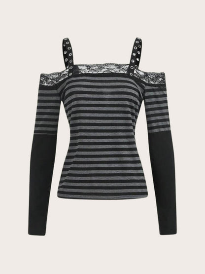 Y2K Grunge Lace Trim Striped Top