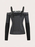 Grunge Striped Top with Lace Trim