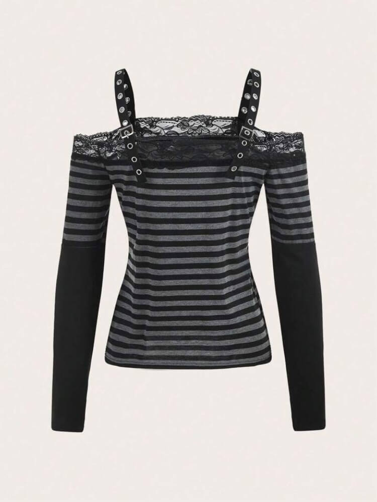 Y2K Grunge Lace Trim Striped Top