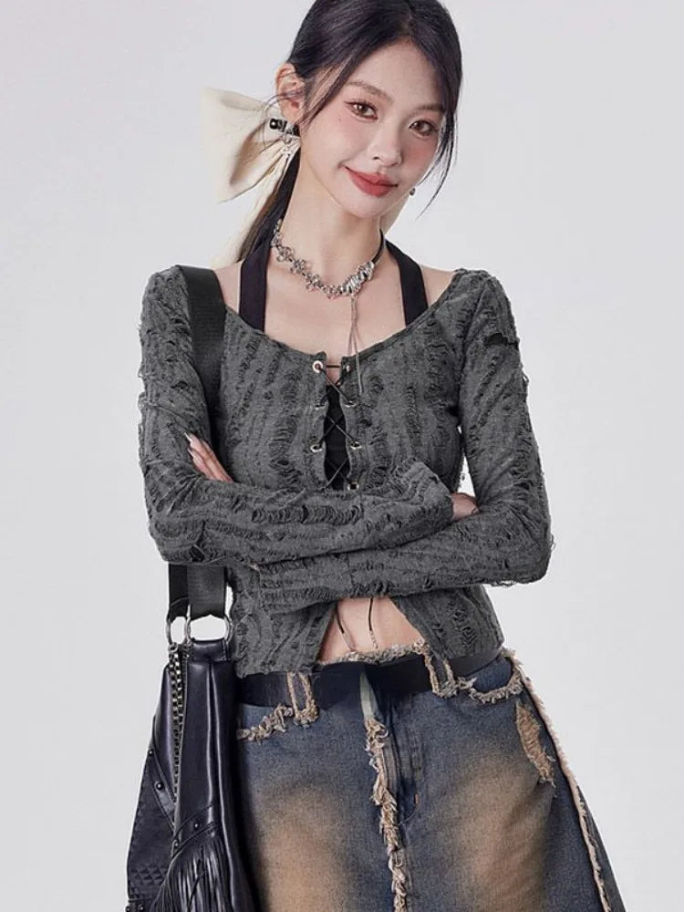 Y2K Grunge Lace Up Layered Top
