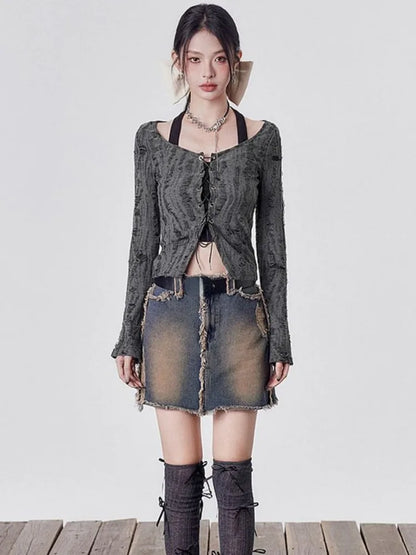 Y2K Grunge Lace Up Layered Top