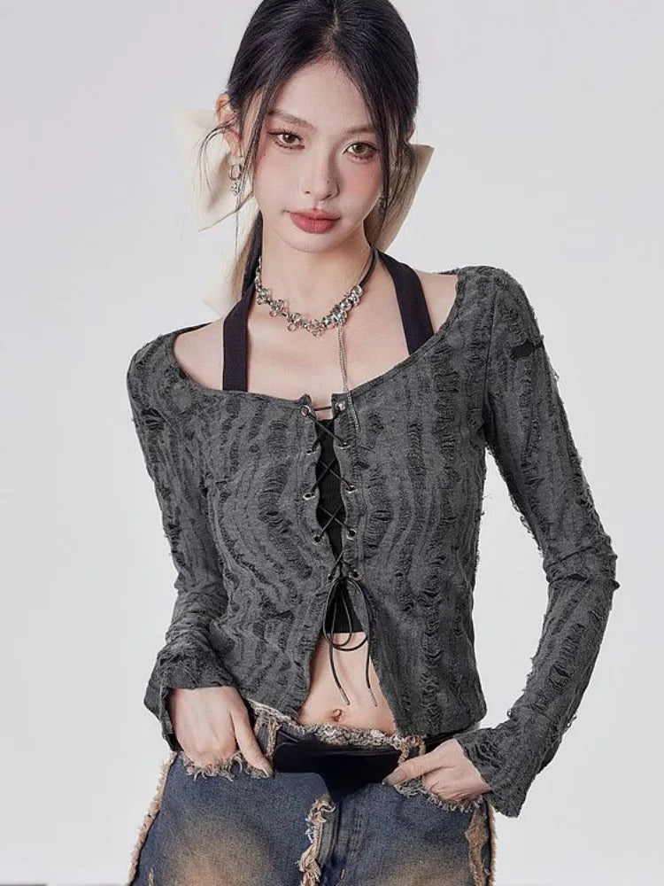 Y2K Grunge Lace Up Layered Top