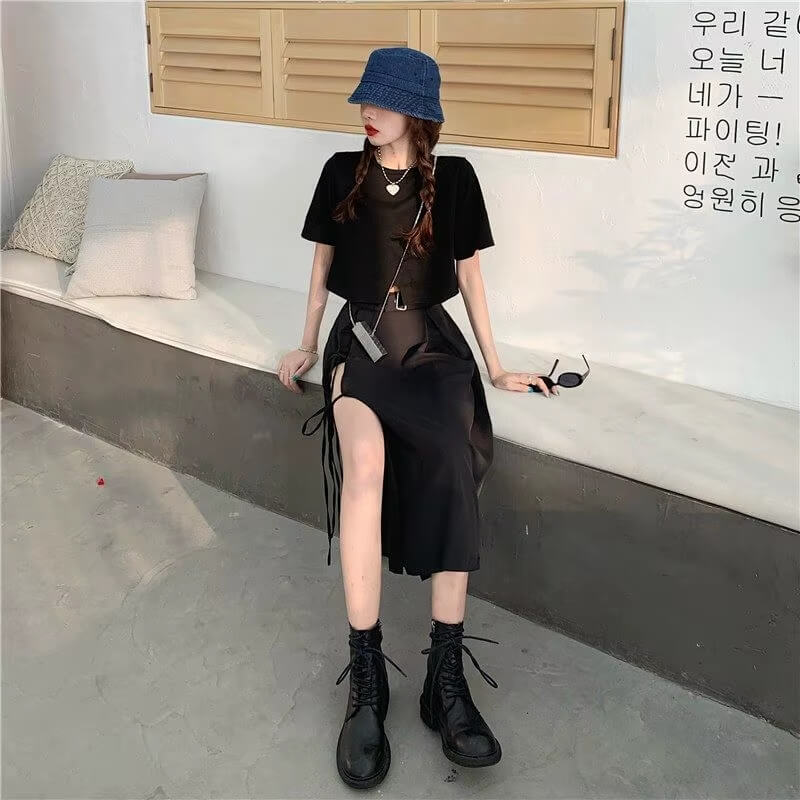 Y2K Grunge Lace Up Midi Skirt