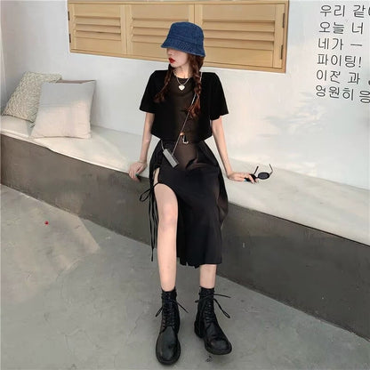 Y2K Grunge Lace Up Midi Skirt