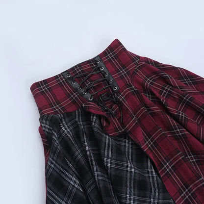 Y2K Grunge Patchwork Plaid Midi Skirt