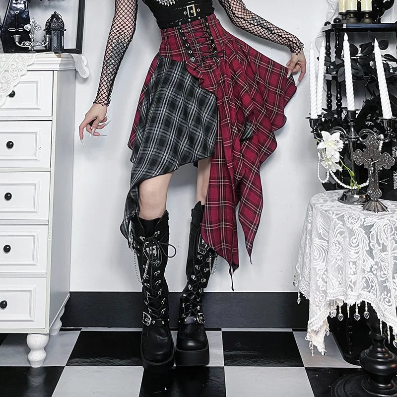 Y2K Grunge Patchwork Plaid Midi Skirt