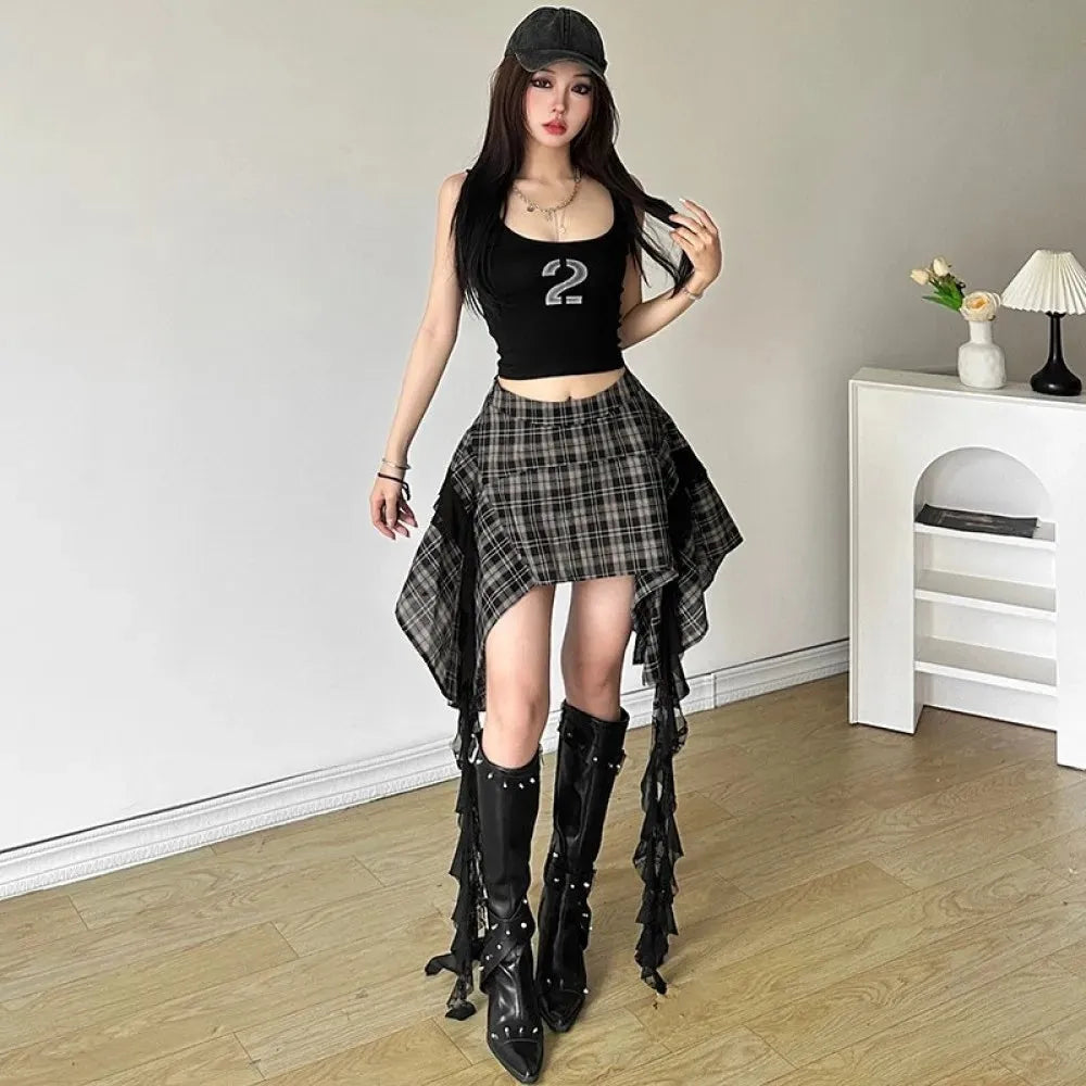 Y2K Grunge Plaid Asymmetric Mini Skirt