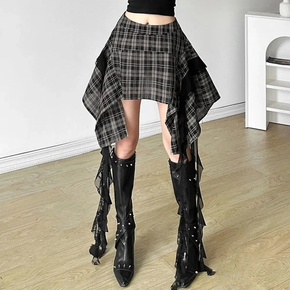 Y2K Grunge Plaid Asymmetric Mini Skirt