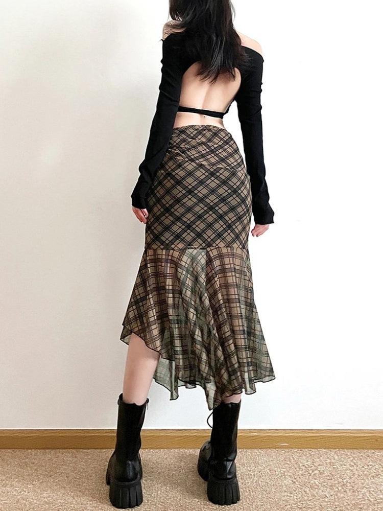 Y2K Grunge Plaid Mesh Midi Skirt