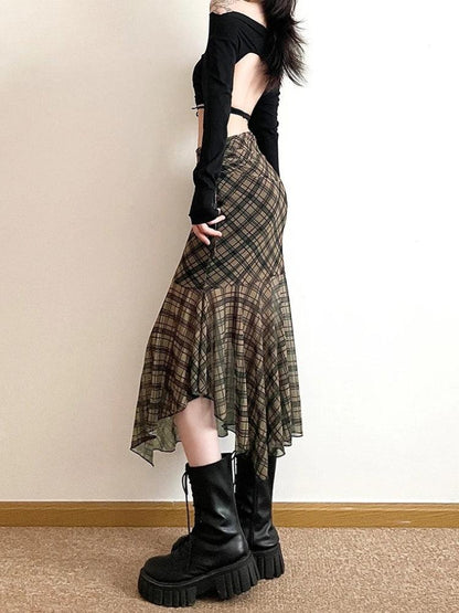 Y2K Grunge Plaid Mesh Midi Skirt