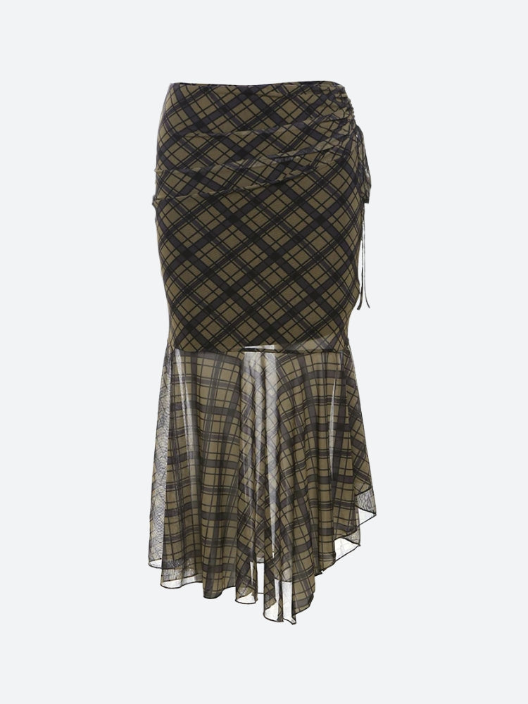Y2K Grunge Plaid Mesh Midi Skirt