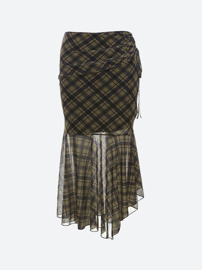 Y2K Grunge Plaid Mesh Midi Skirt
