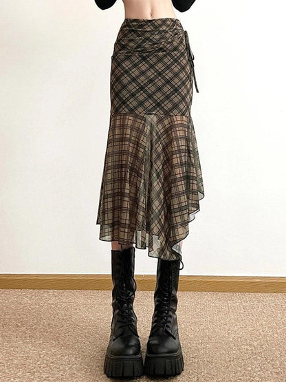 Y2K Grunge Plaid Mesh Midi Skirt