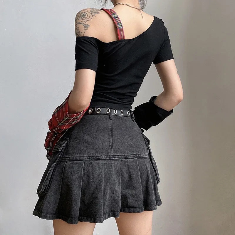 Y2K Grunge Plaid Patch Top