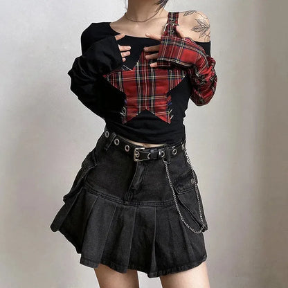 Y2K Grunge Plaid Patch Top