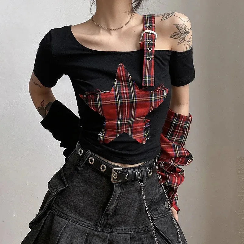 Y2K Grunge Plaid Patch Top