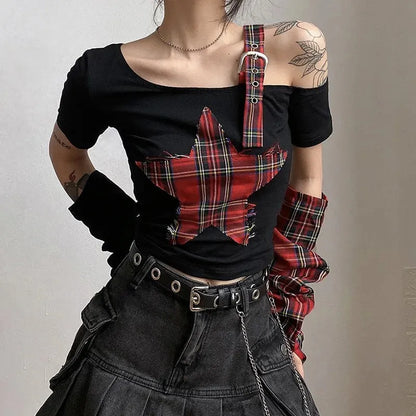 Y2K Grunge Plaid Patch Top