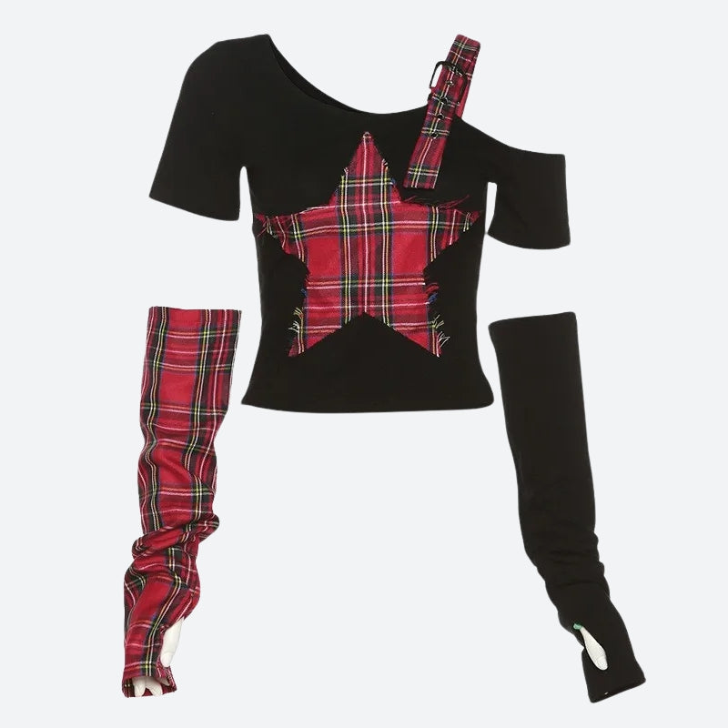 Y2K Grunge Plaid Patch Top
