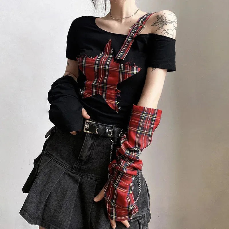 Y2K Grunge Plaid Patch Top