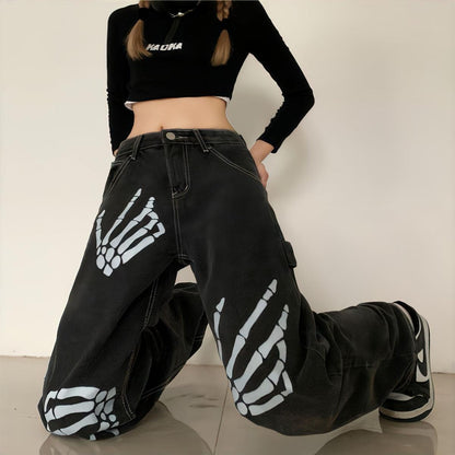 Y2K Grunge Skeleton Hand Jeans