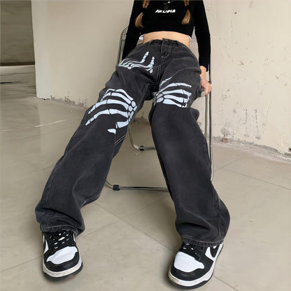 Y2K Grunge Skeleton Hand Jeans