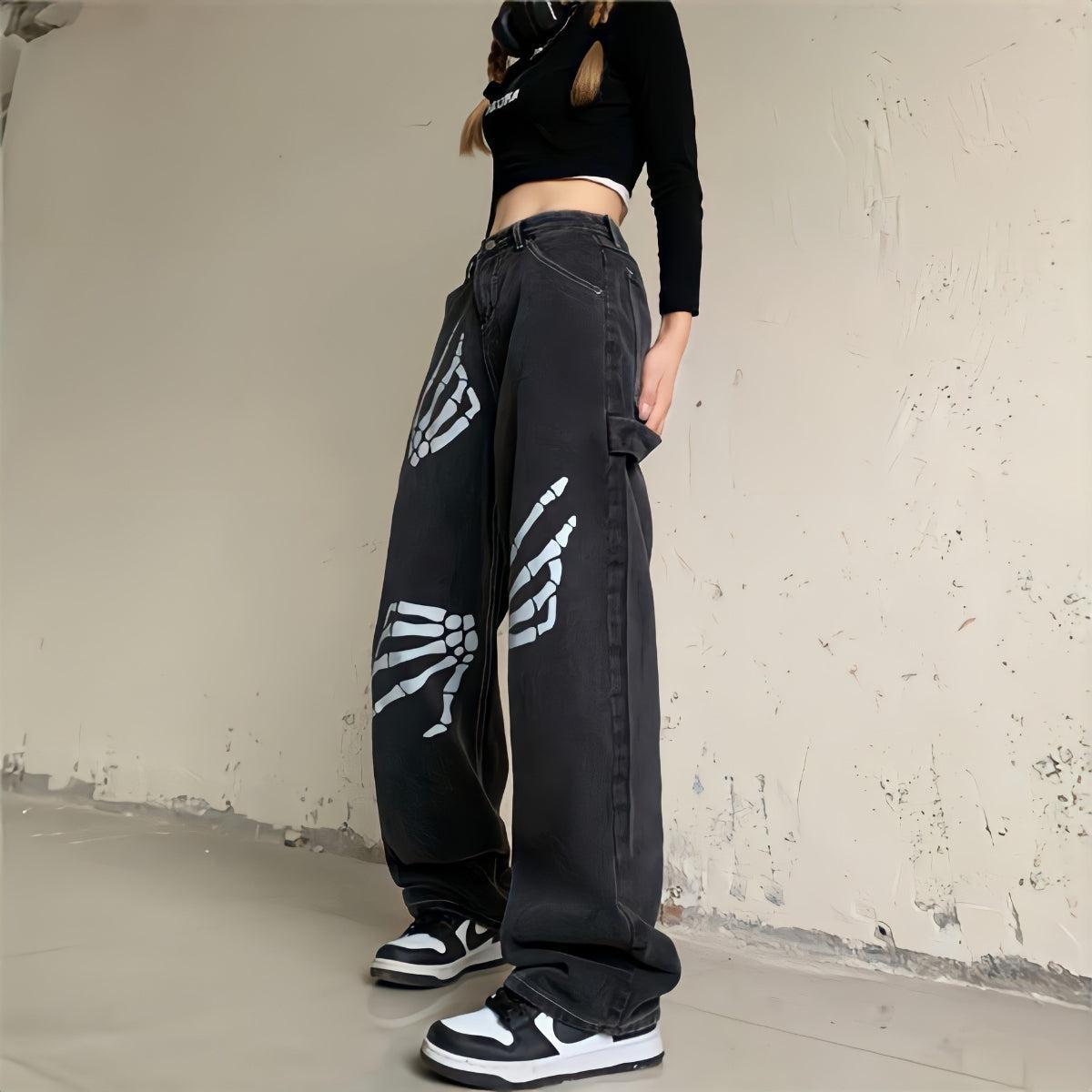 Y2K Grunge Skeleton Hand Jeans