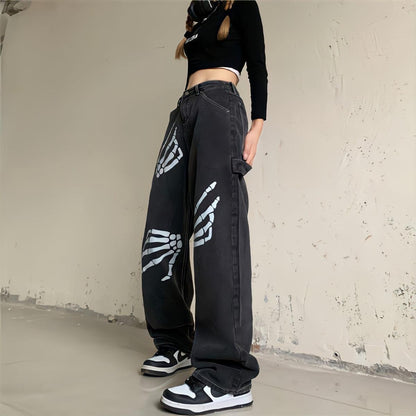 Y2K Grunge Skeleton Hand Jeans