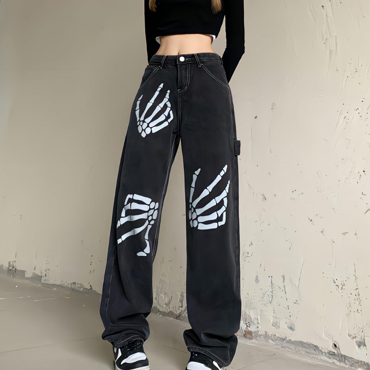 Y2K Grunge Skeleton Hand Jeans