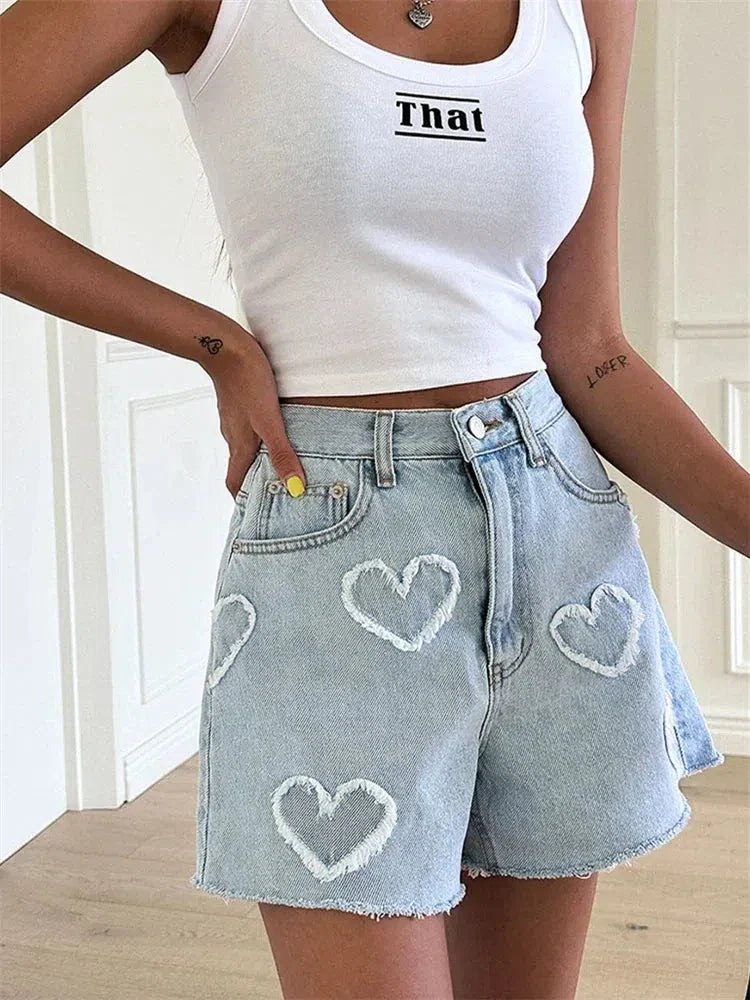 Y2K Heart Patch Denim Shorts