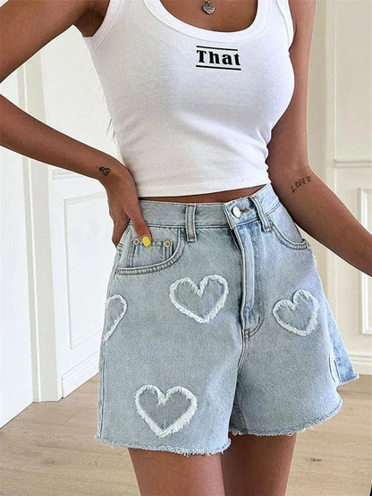 Y2K Heart Patch Denim Shorts