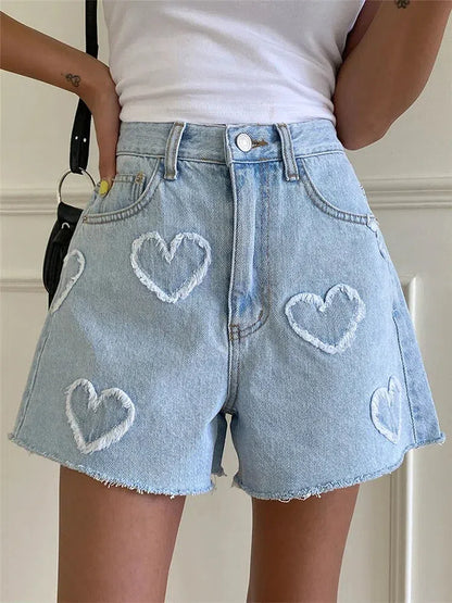 Y2K Heart Patch Denim Shorts