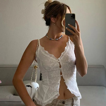 Y2K Hook Front Lace Trim Top