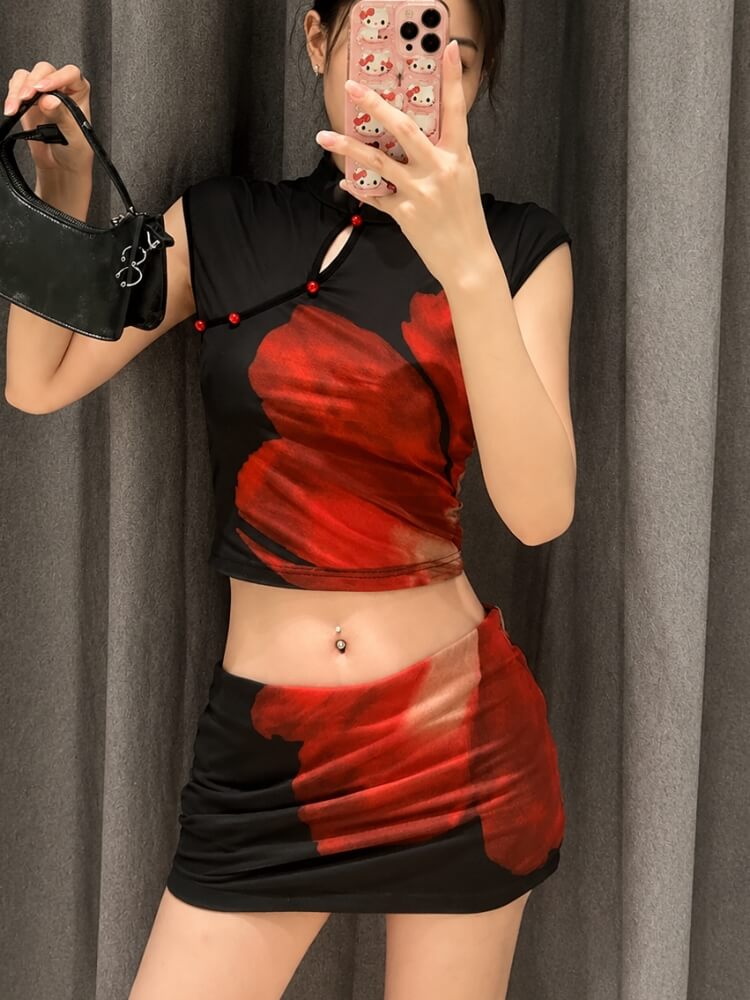 Y2K Keyhole Rose Top & Skirt Set
