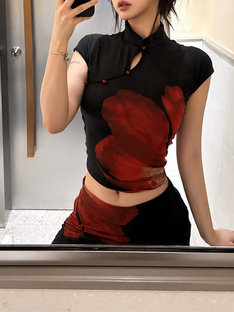 Y2K Keyhole Rose Top & Skirt Set