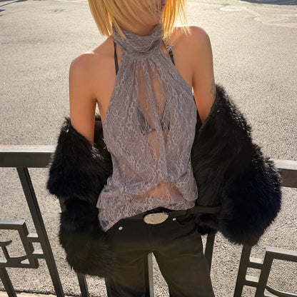 Y2K Lace Draped Halter Top