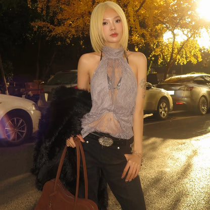 Y2K Lace Draped Halter Top