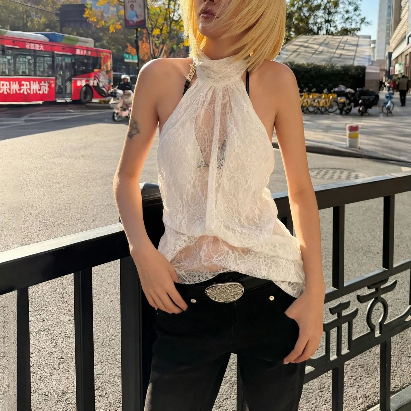 Y2K Lace Draped Halter Top