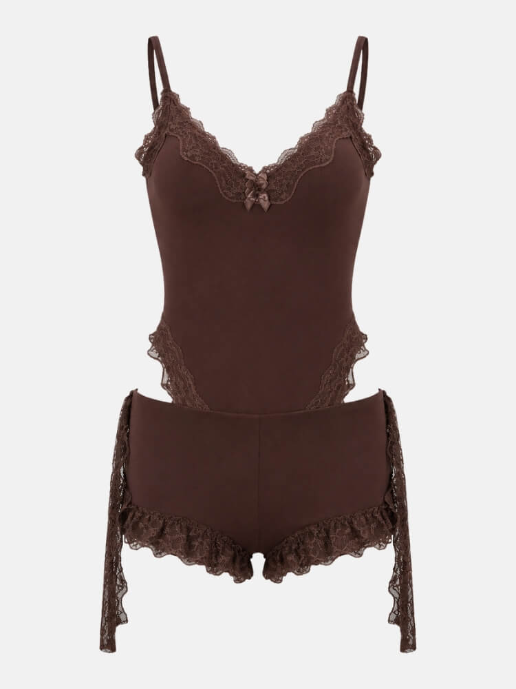 Y2K Lace Trim Bodysuit & Shorts Set