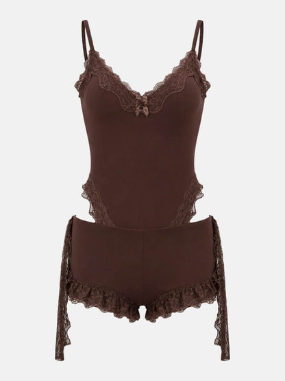 Y2K Lace Trim Bodysuit & Shorts Set